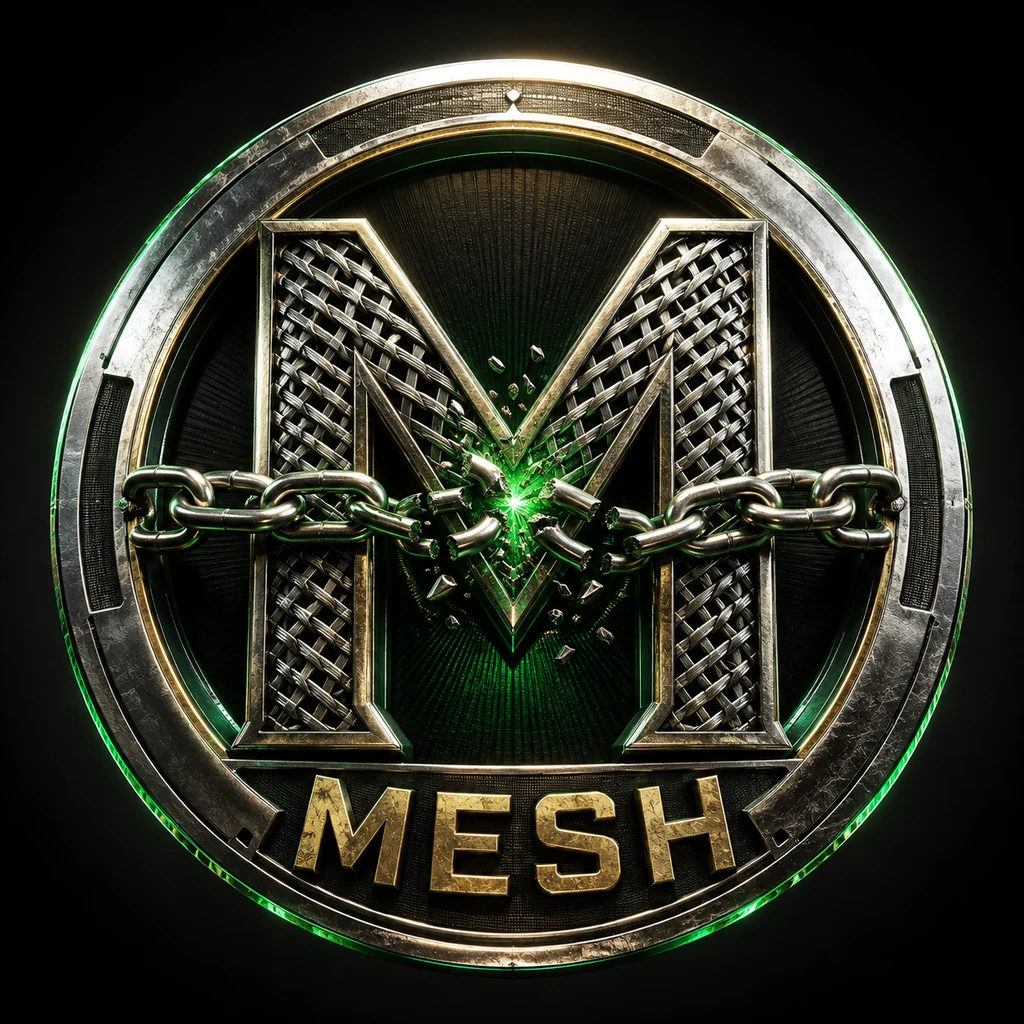 $MESH — Must End Side Hustle coin: a steel chain breaking apart with green energy